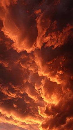 A captivating shot showcasing dynamic, turbulent clouds colored in shades of orange and dark grey filling the frame. The sky is filled with a dramatic, sunset-like ambiance.の素材