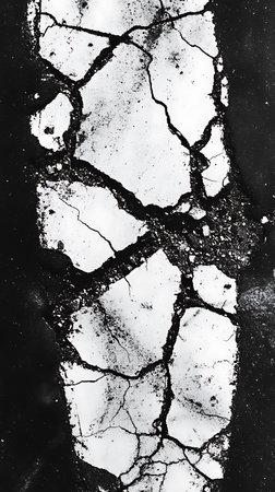 Monochromatic shot of a cracked and broken white line on black asphalt. The line shows significant deterioration with large pieces missing, creating a fragmented texture.の素材