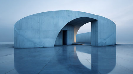 A minimalist architectural image featuring a smooth concrete archway building with a reflective polished blue floor. The neutral sky creates a serene, modern ambiance.の素材