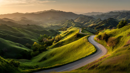 Scenic view of a winding road cutting through vibrant green rolling hills at sunset, with distant mountains fading into the soft golden light of the evening.の素材