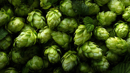 This eye-level shot showcases a dense collection of vibrant green hop cones, integral to beer brewing, featuring rich textures and intricate leaf structures against a dark background.の素材