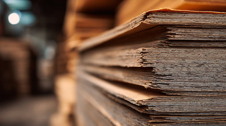 Detailed close-up showcases a stack of weathered wood veneer sheets. The texture of the veneer is visible, displaying layered detail and muted earthy tones.の素材