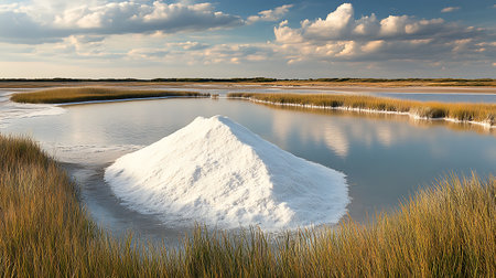 A large, pristine white pile of salt dominates the image, partially submerged in water. Marshland with tall, golden reeds and a partly cloudy sky fill the background.の素材