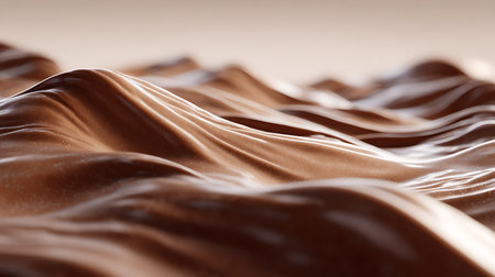 Wavy abstract background displaying shiny chocolate folds. This image features light speckles on a smooth, rippled surface, creating a tempting texture. Ideal for food or dessert themes.の素材