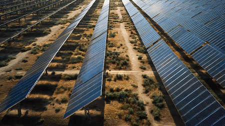 Aerial view showcasing extensive rows of solar panels positioned within a desert landscape, effectively generating clean and sustainable renewable energy under sunlight.の素材