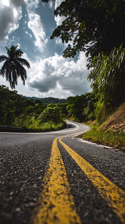 Low-angle shot capturing a winding road with double yellow lines stretching into a lush tropical forest, under a partly cloudy sky, palm tree and greenery on side.の素材