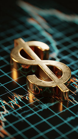 Close-up capturing a golden dollar sign resting atop a modern, glowing stock market graph. The chart displays fluctuating trends, symbolizing financial analysis and wealth.の素材