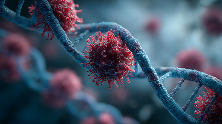 Detailed medical illustration showcasing red coronavirus virions bound to a blue DNA strand. Viral infection visualized with depth of field, conveying scientific imagery.の素材