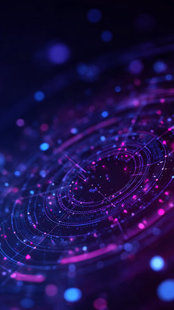 Close-up abstract image featuring a cyberpunk-style circuit board design with glowing neon pink and blue bokeh effects, creating a futuristic, technological aesthetic.の素材