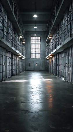 Straight-on shot of a dark, empty prison hallway with rows of cells, barred windows, and bare concrete floors and walls under hanging lights casting harsh shadows.の素材