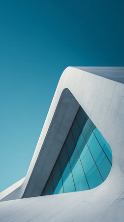 An eye-level captures modern architecture with a concrete facade, seamless glass windows, and a vibrant blue sky. The clean lines and curves enhance the minimalist aesthetic.の素材