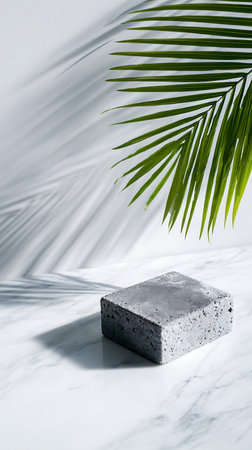 Still life showcases a grey concrete block on a white marble surface, shadowed by a palm leaf. Minimalist aesthetic ideal for product displays and promotional visuals.の素材