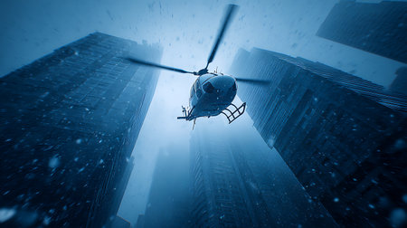 A low-angle shot of a helicopter flying between tall buildings during a snowstorm. The image is monochromatic in cool tones, with blurry snowflakes adding a sense of motion.の素材