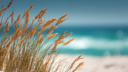 Golden beach grass against a blurred ocean and sky backdrop creates a serene coastal scene. Captured at a low angle emphasizing the grass' texture and color.の素材