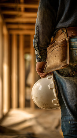 Close-up shot from the back, depicts a construction worker with a denim shirt and jeans, holding a white hard hat with a tool belt in an unfinished building.の素材
