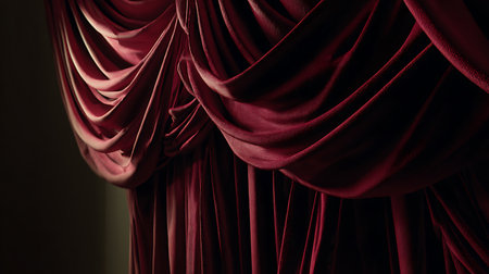 Detailed view of elegant burgundy curtains featuring rich draping. The curtains create a dramatic, theatrical atmosphere with their deep color and flowing folds.の素材