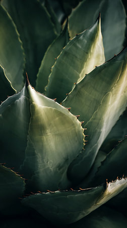 Detailed close-up showcases an agave plant's thick, green leaves. Sharp, tooth-like thorns line each leaf's edge, creating a textured, geometric design, partially sunlit.の素材