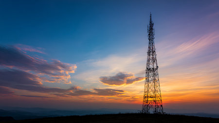 A towering radio antenna is silhouetted against a vibrant sunset backdrop, casting a warm glow over distant rolling hills and a cloudy blue sky landscape.の素材