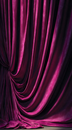 Dramatic shot showcasing luxurious, dark pink velvet curtains draped and folded, creating a rich and elegant background. The deep color and soft fabric evoke a sense of opulence.の素材