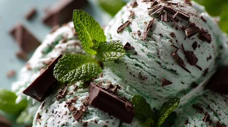 Close-up showcases mint chocolate chip ice cream adorned with dark chocolate chunks and fresh mint leaves. The vibrant green complements the dark chocolate topping.の素材