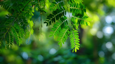 This eye-level shot captures Tamarind leaves illuminated by natural sunlight, creating a vibrant botanical image. The soft bokeh background enhances the lush greenery.の素材