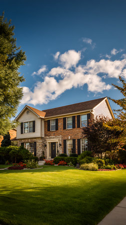 This image displays a two-story suburban home with mixed siding, brick, and stone exterior. The house is surrounded by lush landscaping and a green lawn under a blue sky.の素材