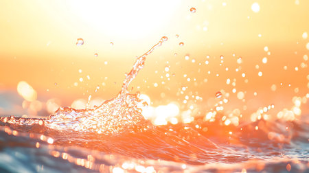 Close-up shot showcasing a burst of water droplets and a splash caught mid-air during sunset, illuminated by golden light with a beautiful bokeh effect, water in motion.の素材