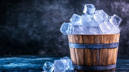 Close up studio shot featuring a rustic wooden bucket overflowing with clear, glittering ice cubes against a dark, textured background creating cool refreshing atmosphere.の素材