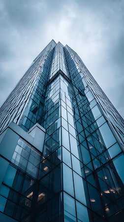 Low-angle perspective capturing a tall, glass-covered skyscraper reflecting the cloudy sky above. The modern architectural design and reflective facade dominate the urban landscape.の素材