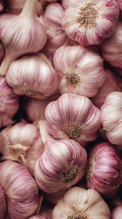 Detailed close-up image showing a large pile of fresh garlic bulbs. The garlic features a subtle purple tint and intricate details, highlighting the natural texture.の素材
