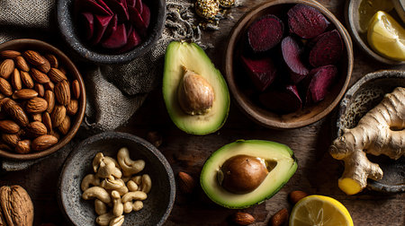 Eye-level, full shot displays healthy food ingredients halved avocados, sliced beets, almonds, cashews, ginger, and lemon wedges in bowls on rustic wood background.の素材