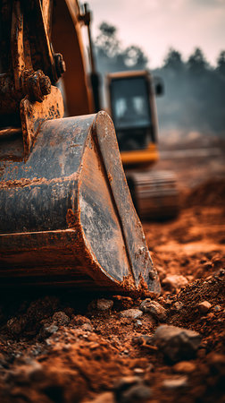 Close-up view of a dirty, orange excavator bucket sitting on red soil. Another excavator is visible in the background, with trees fading into the horizon.の素材