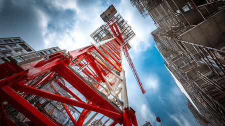 Worm's-eye view showcases a red and white construction crane towering over buildings still under construction, set against a bright blue, partly cloudy sky.の素材