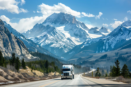 A semi-truck travels down a highway, flanked by rolling hills and evergreen trees. Towering snow-capped mountains under a blue sky with fluffy clouds create a scenic backdrop.の素材