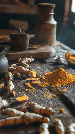 An overhead shot captures turmeric roots, slices, and powder piled on weathered wood alongside vintage kitchenware, conveying a sense of natural health and traditional remedies.の素材