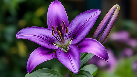 Close-up highlights the vibrant purple petals of a blooming lily alongside an unopened bud. The flower's intricate stamen details and the leaf's texture are visible.の素材