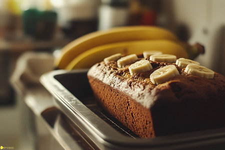This close-up shot captures a fresh banana bread topped with sliced bananas, sitting in its loaf pan. Ripe bananas rest in the background, ready to eat.の素材