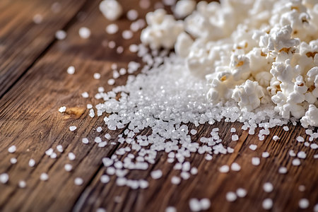 Close-up captures popcorn and salt crystals scattered on a weathered wooden table, illuminated by soft light highlighting textures. The rustic setting enhances the food's appeal.の素材