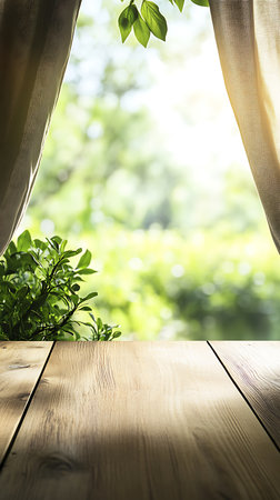 Sunny image featuring a wooden table, sheer curtains framing a view of a blurred green garden, and lush green leaves visible overhead. Perfect for springtime backgrounds.の素材