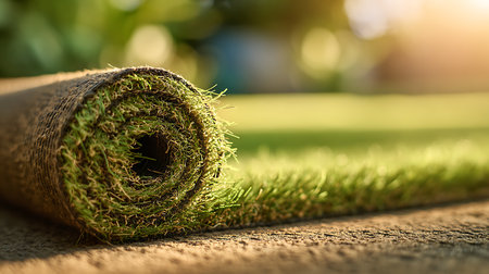 Close-up showcases a rolled section of artificial turf, partially unfurled revealing vibrant green blades. The texture of the underlying surface adds depth to lawn material view.の素材