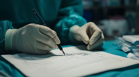 An image shows a surgeon in surgical attire, gloved hands carefully drawing a diagram on paper with a pen, likely planning a medical procedure.の素材