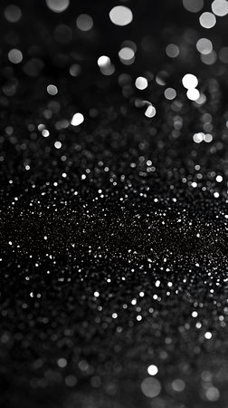 Shimmering bokeh lights create an abstract, elegant background. Features a soft blurred effect with contrasting black and white tones, suggesting a festive or luxurious mood.の素材