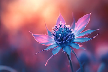 A close-up showcases a beautiful Eryngium flower in vibrant pink and blue colors. The delicate petals and unique structure of the flower are highlighted against a blurred background.の素材