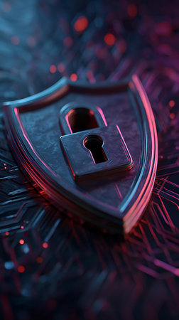 Macro shot of a metallic shield emblem with a padlock in front, resting on an abstract circuit board background with glowing red and blue light accents.の素材