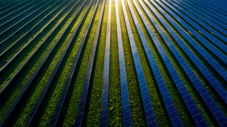 Aerial view showcases long rows of solar panels interspersed with lush green grass. Sunlight glints off the panels creating bright stripes across the renewable energy field.の素材