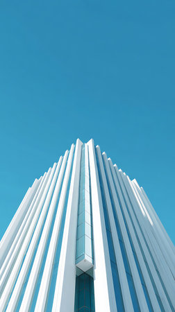 Low angle shot of a tall, modern, white building with sharp lines stretching upwards against a vibrant blue sky. Vertical lines emphasize the building's height and minimalist design.の素材