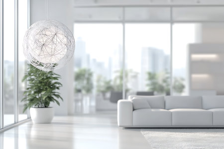A bright, modern living space featuring an intricate white wireframe pendant lamp, a potted plant, and a white sofa, framed by large windows with a cityscape view.の素材