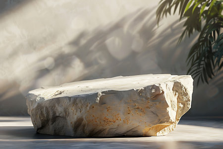 A natural-looking stone platform illuminated by soft light, with palm leaf shadows casting across a textured backdrop. This product display is perfect for showcasing items.の素材