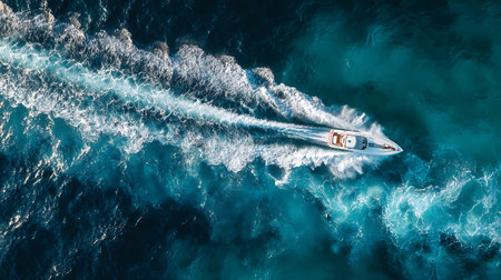 Aerial perspective showcases a motorboat gliding across a vast expanse of turquoise sea, leaving a distinctive white wake in its path. The sea color gradient adds depth.の素材