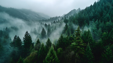 Serene landscape featuring layers of pine trees shrouded in mist and fog, creating a tranquil and atmospheric scene. Lush greenery covers the rolling mountain terrain.の素材